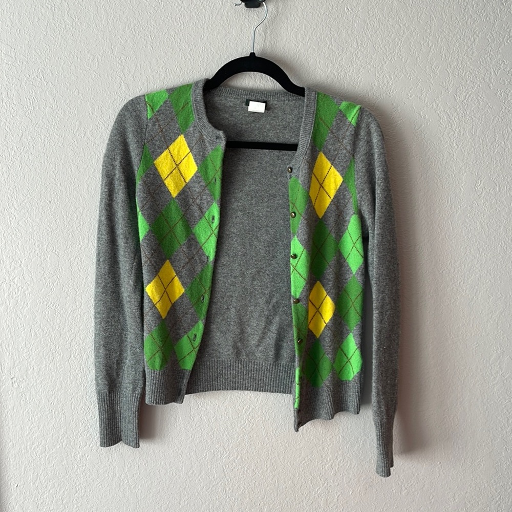 J. Crew Argyle Cardigan Gray Green XS